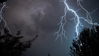 lightning across a dark, cloudy sky with trees