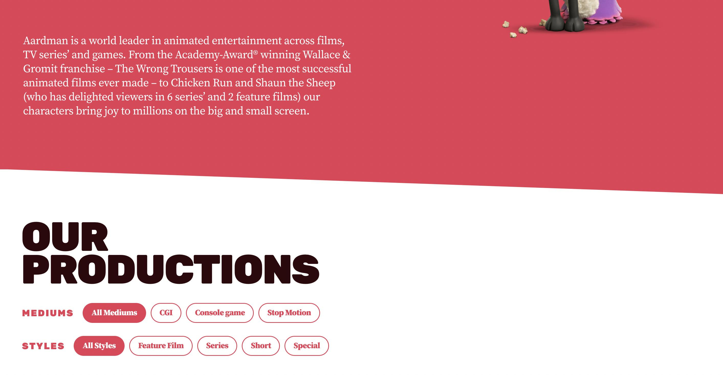 Aardman website featuring the 'wonk'