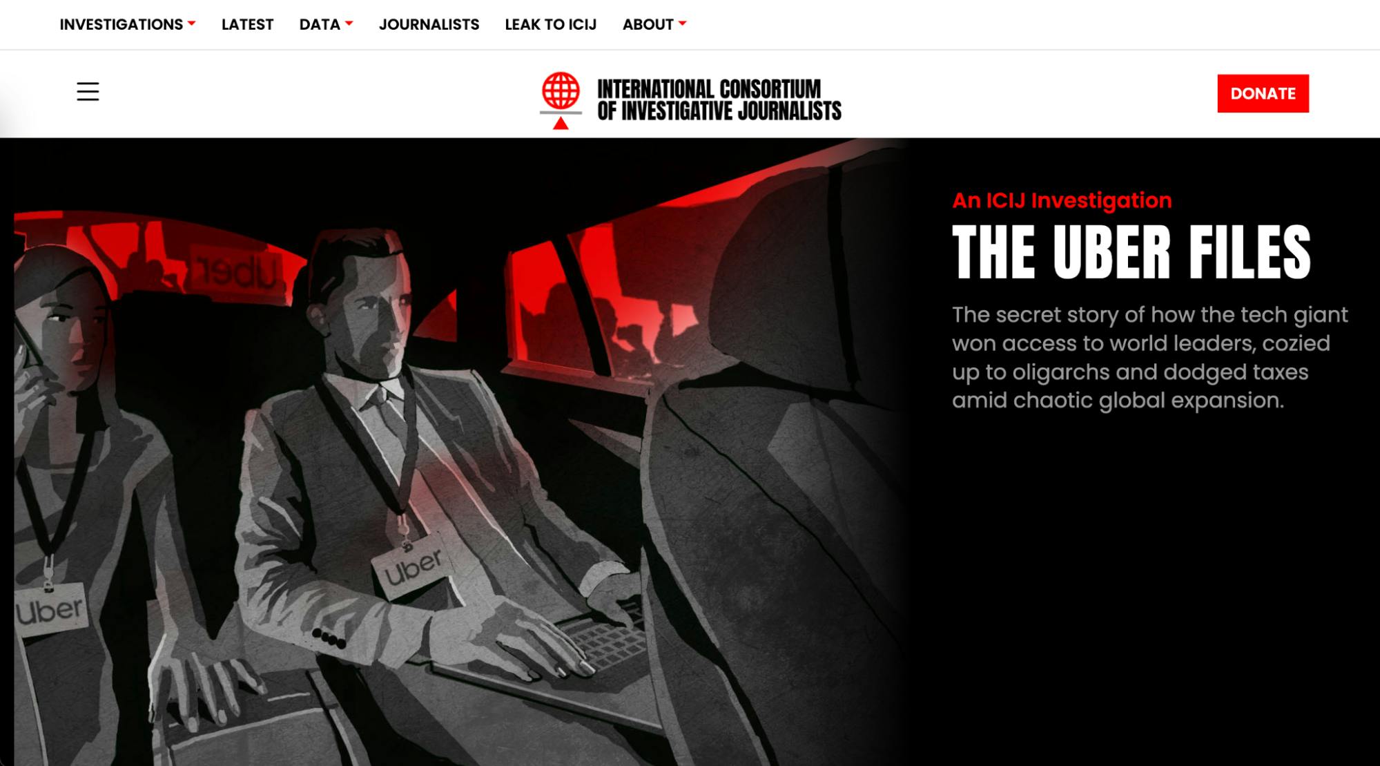 ICIJ website featuring red and the black and white monochrome scheme