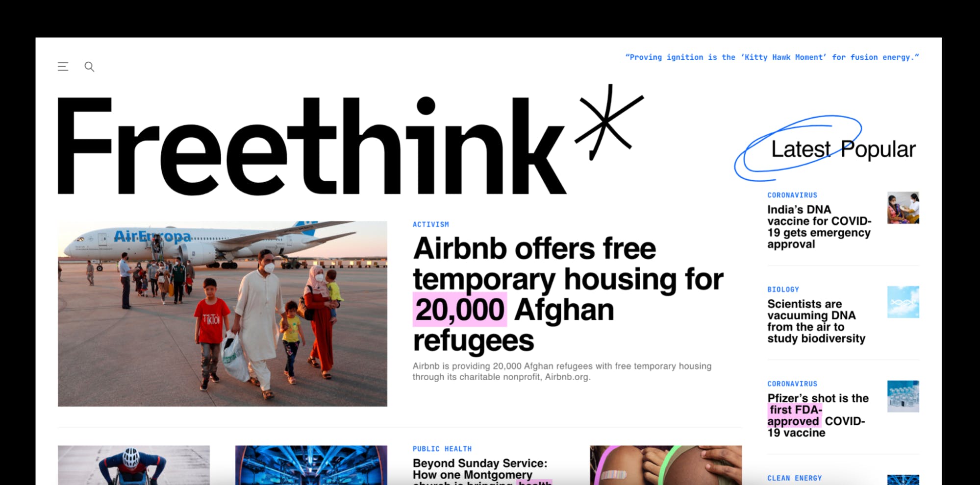 "New Freethink identity--bold, adventurous, messy, legible and newsy"