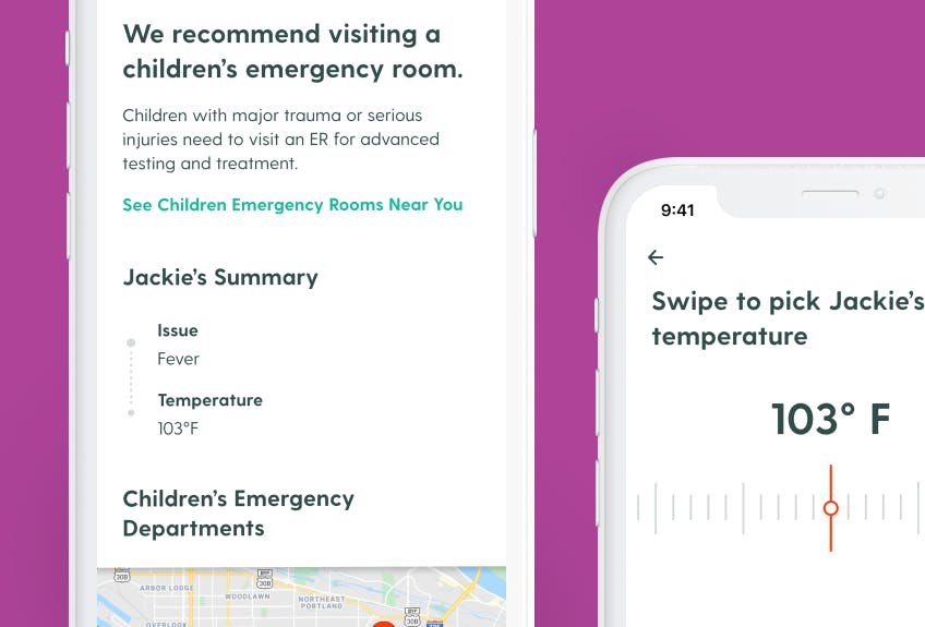 A smartphone shows the recommendation screen from the Symptom Checker.