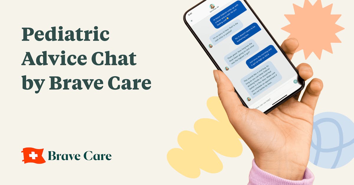 Pediatric Advice Chat by Brave Care | Child holding phone with parent messaging a pediatric nurse on screen.