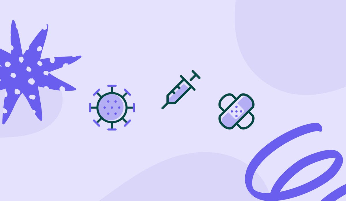 Purple graphics of a needle, ban-aid and coronivirus. 