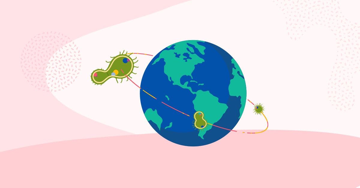 Illustration of viruses circling the earth. 