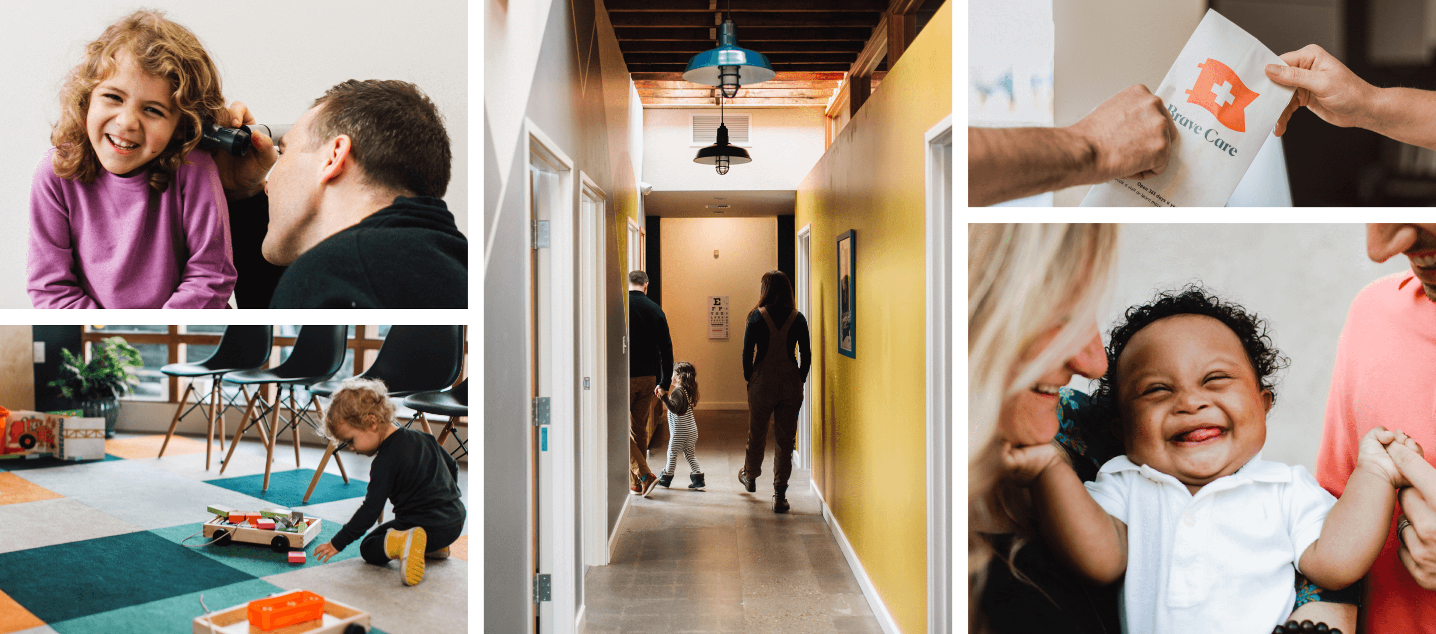 Five-image collage showing children at Brave Care's NE Portland location in Portland, Oregon. 