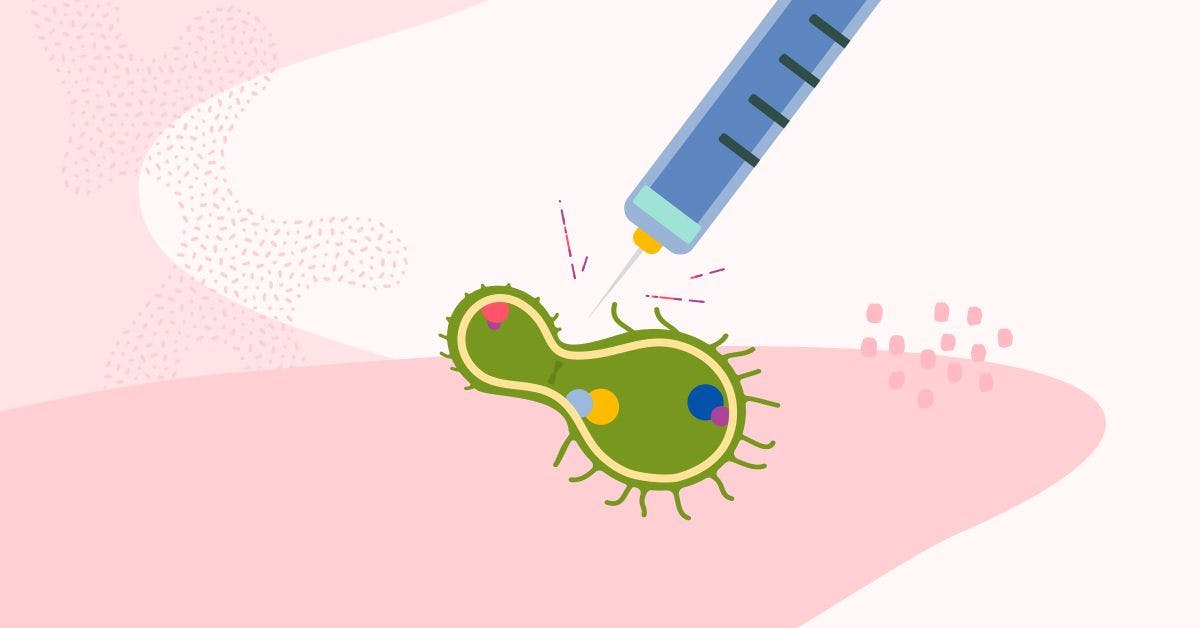 Illustration of a syringe targeting a green virus. 