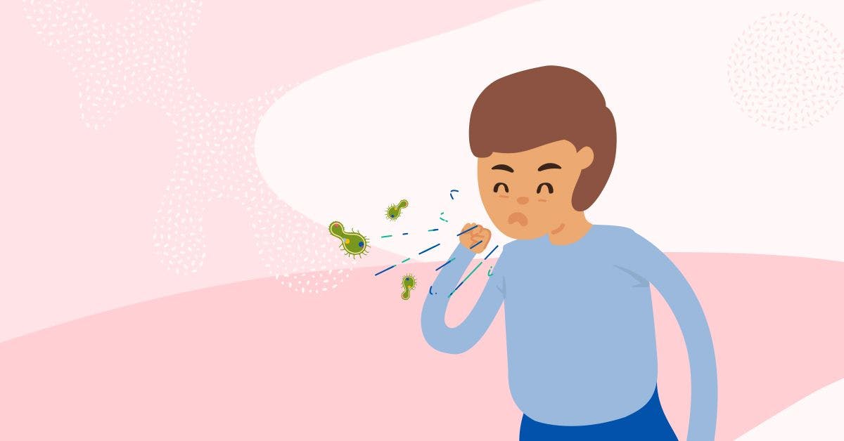 Illustration of a child coughing out green germs.
