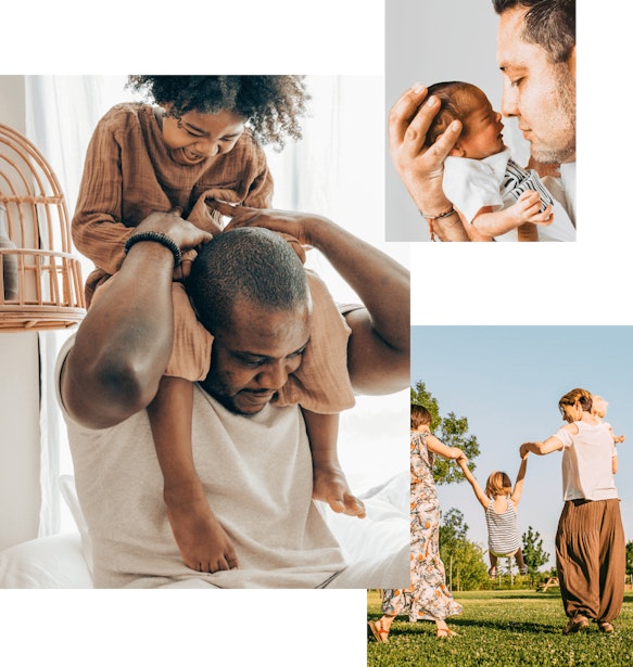 Three images. Man carries child on his shoulders. Man holding a baby. Child swinging on the arms of two women.