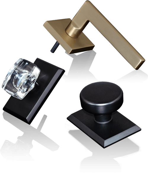 A brass lever, crystal knob, and black knob