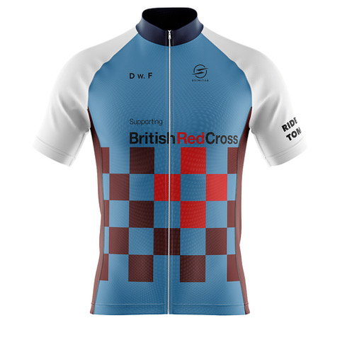 Picture of cycling jersey. Blue with red chequered design and white sleeves. Includes supporting British Red Cross and Ride for tomorrow text. Includes DWF and Scimitar logos on front.
