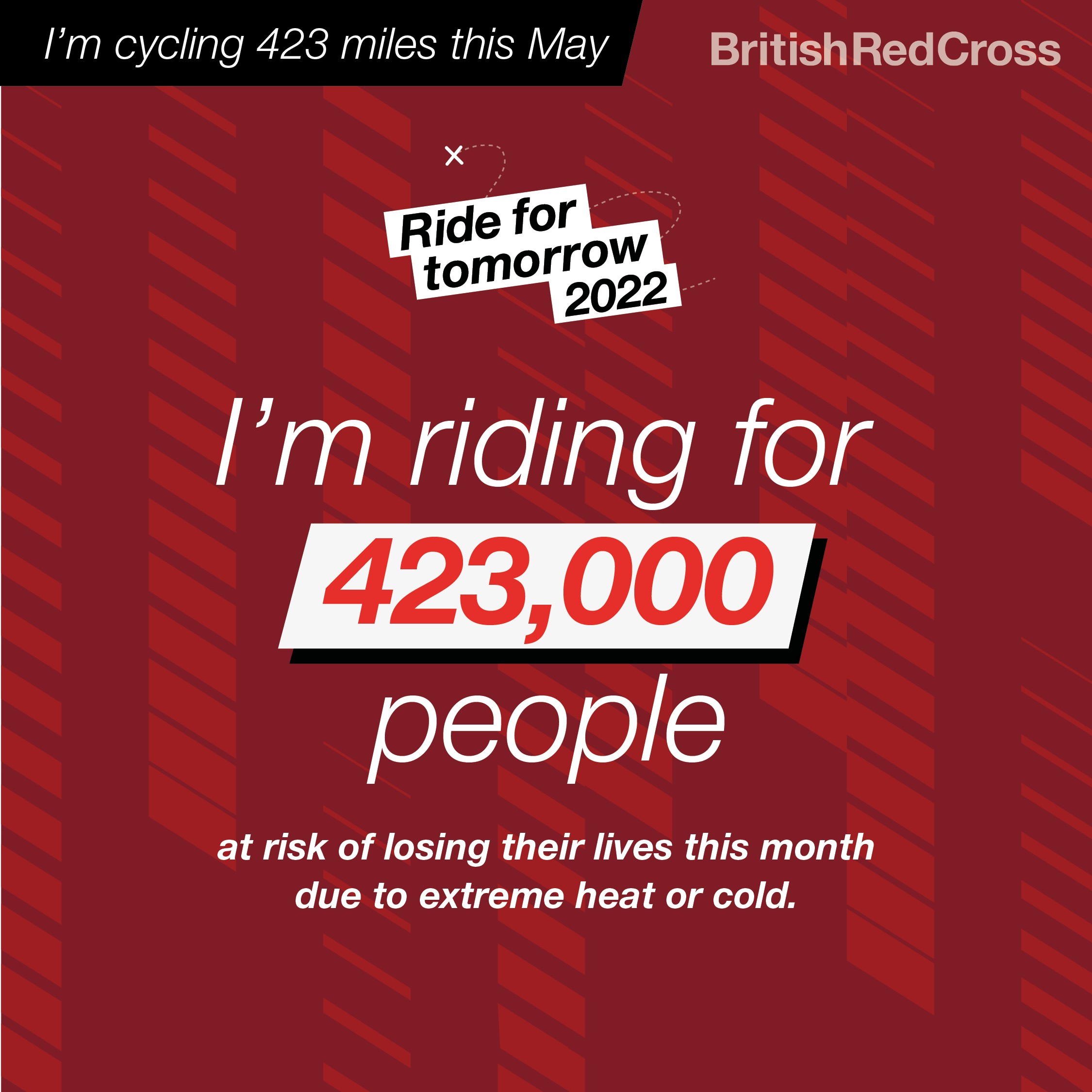 Text on a red background. 'I'm cycling 423 miles this May. I'm riding for 423,000 people at risk of losing their lives this month due to extreme heat or cold'.