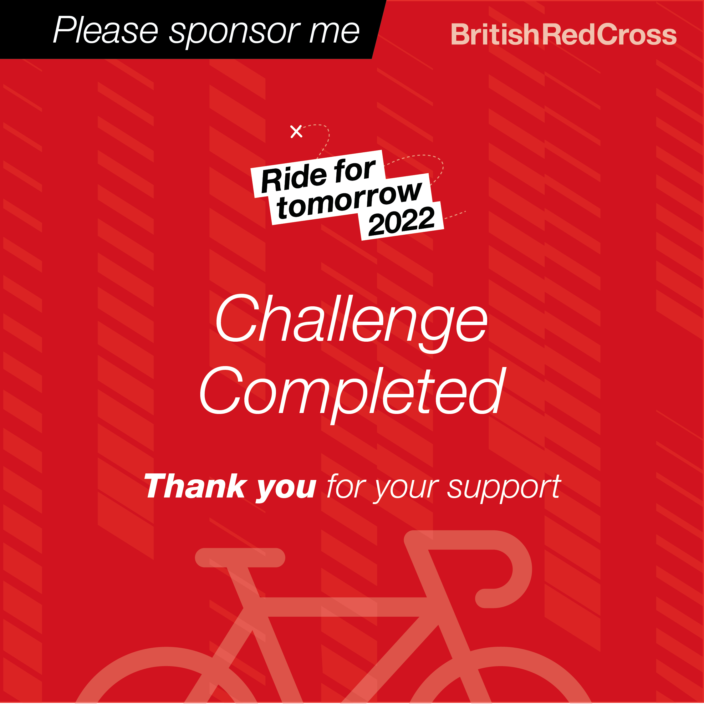 A red background and a red bike with the text 'Please sponsor me. Challenge completed. Thank you for your support'.