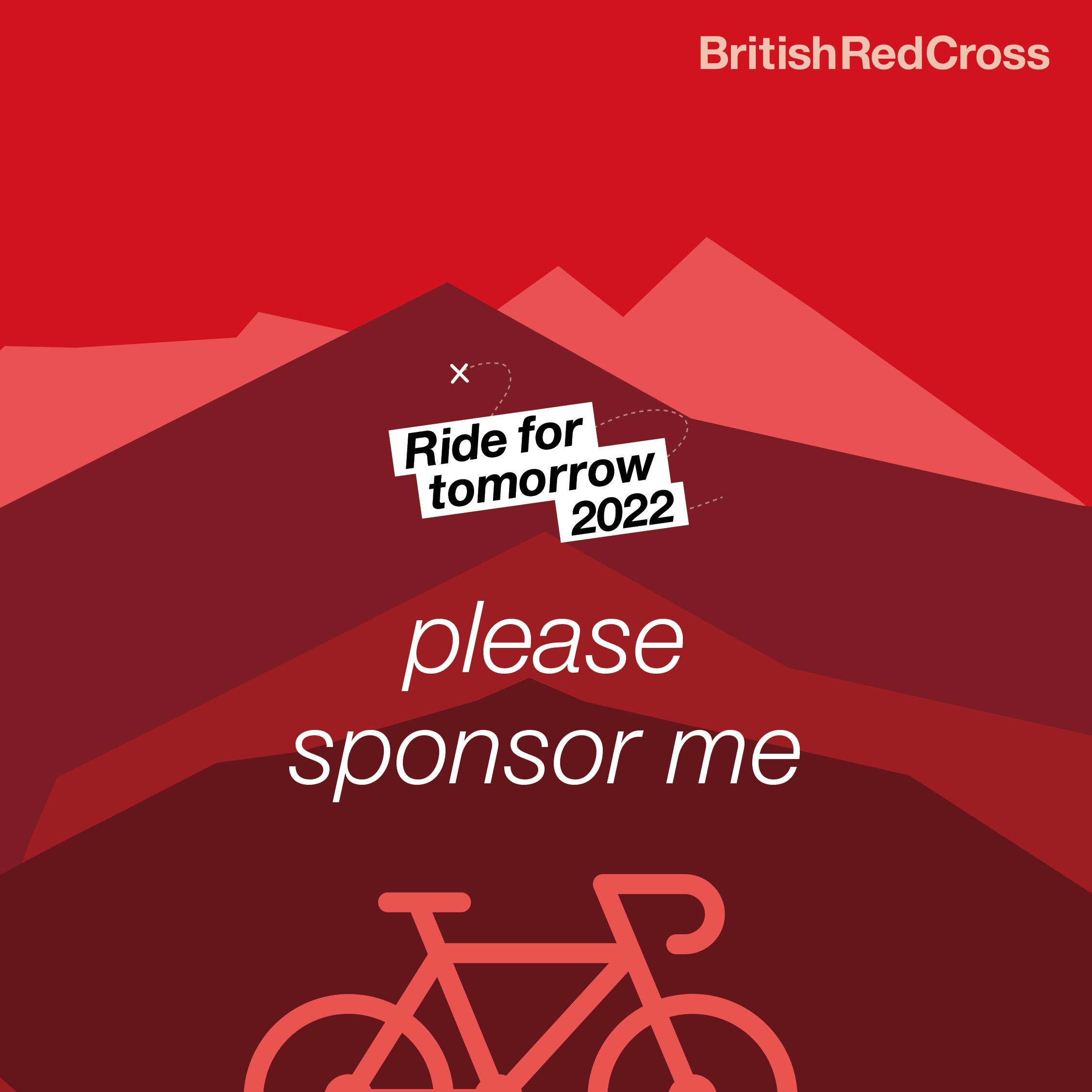Please sponsor me text above a red bike on a red background with 3 mountain outlines