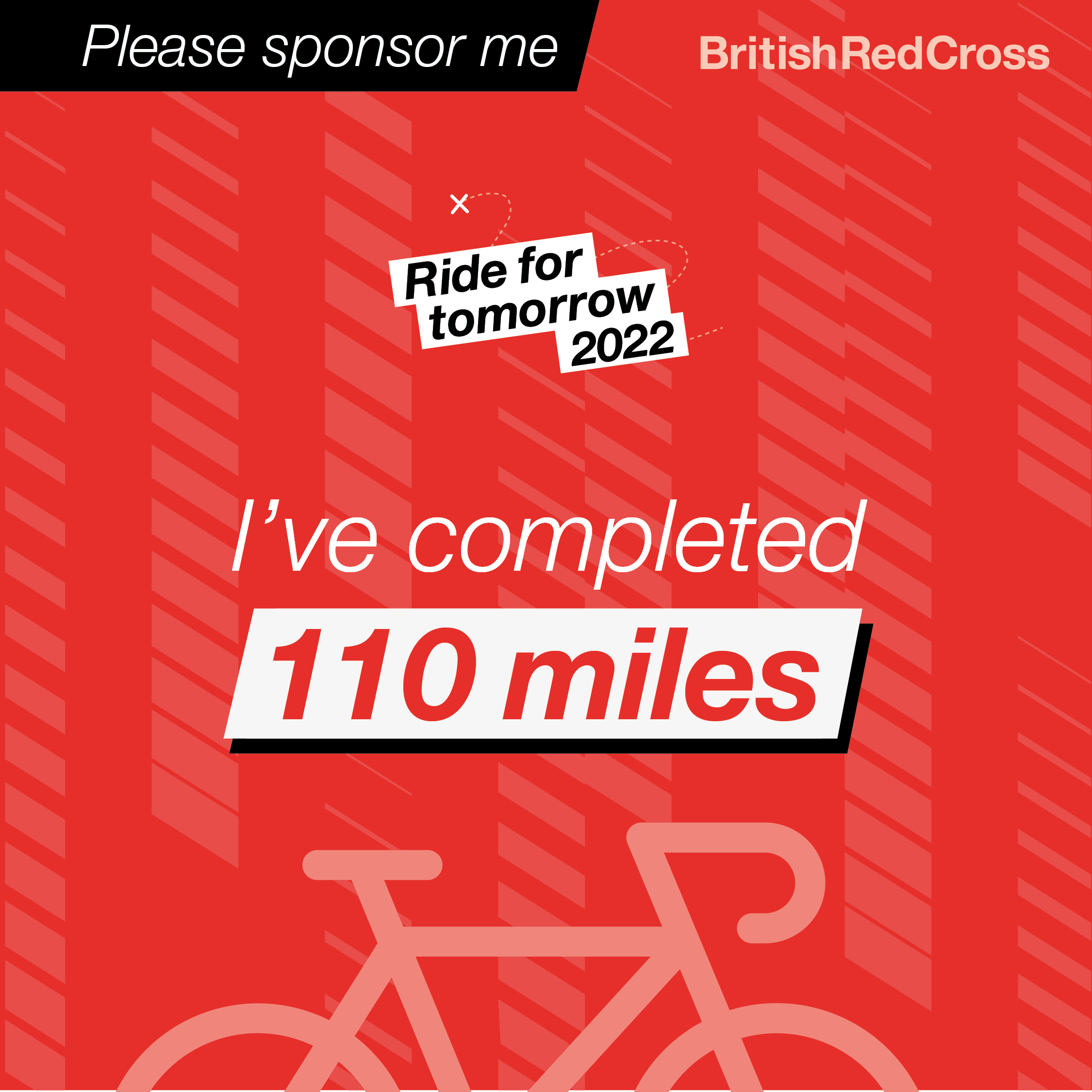 Text on a red background. 'Please sponsor me. I've completed 110 miles'. Text appears above a red bike on a red background