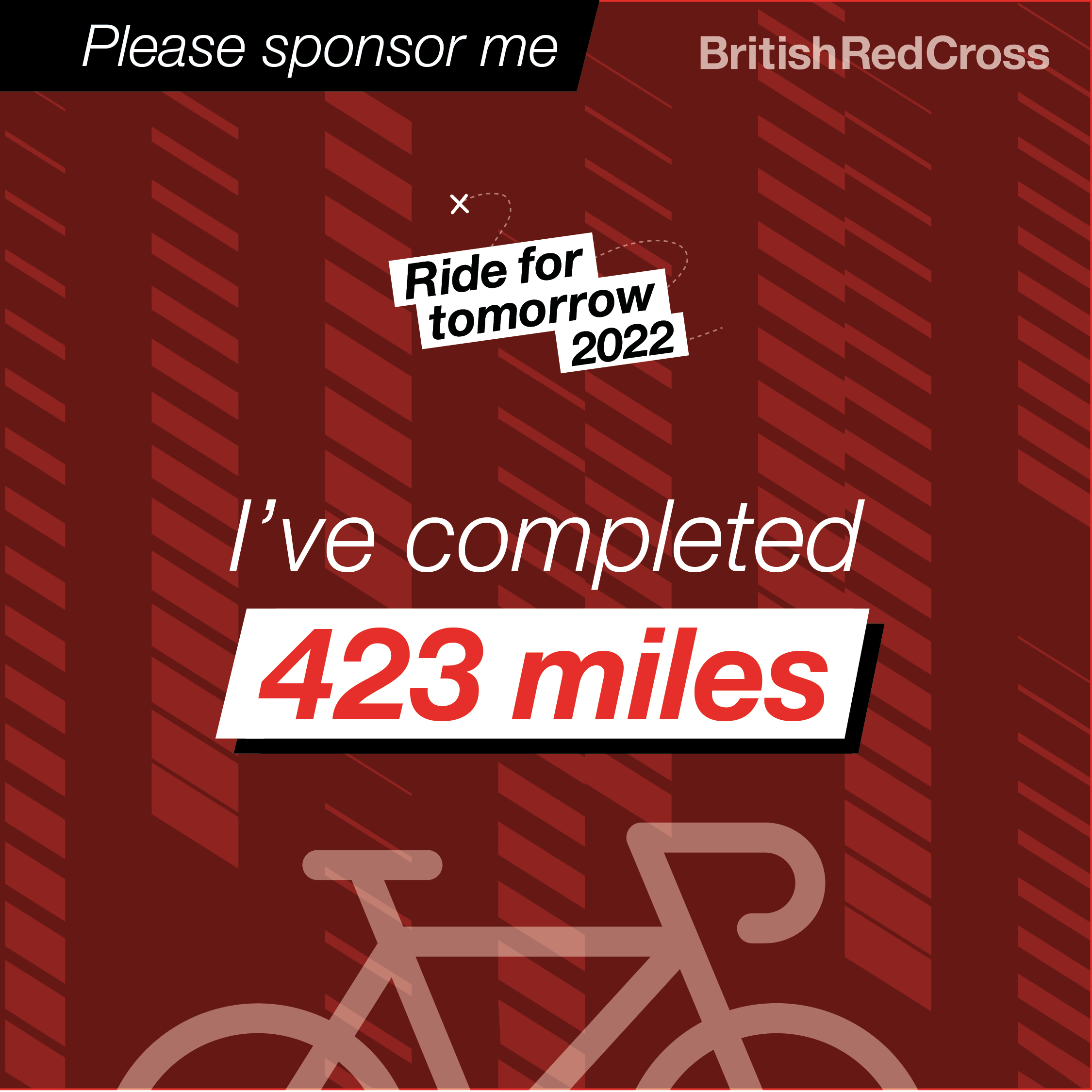 Please sponsor me. I've completed 423 miles. Text shown above a red bike on a red background