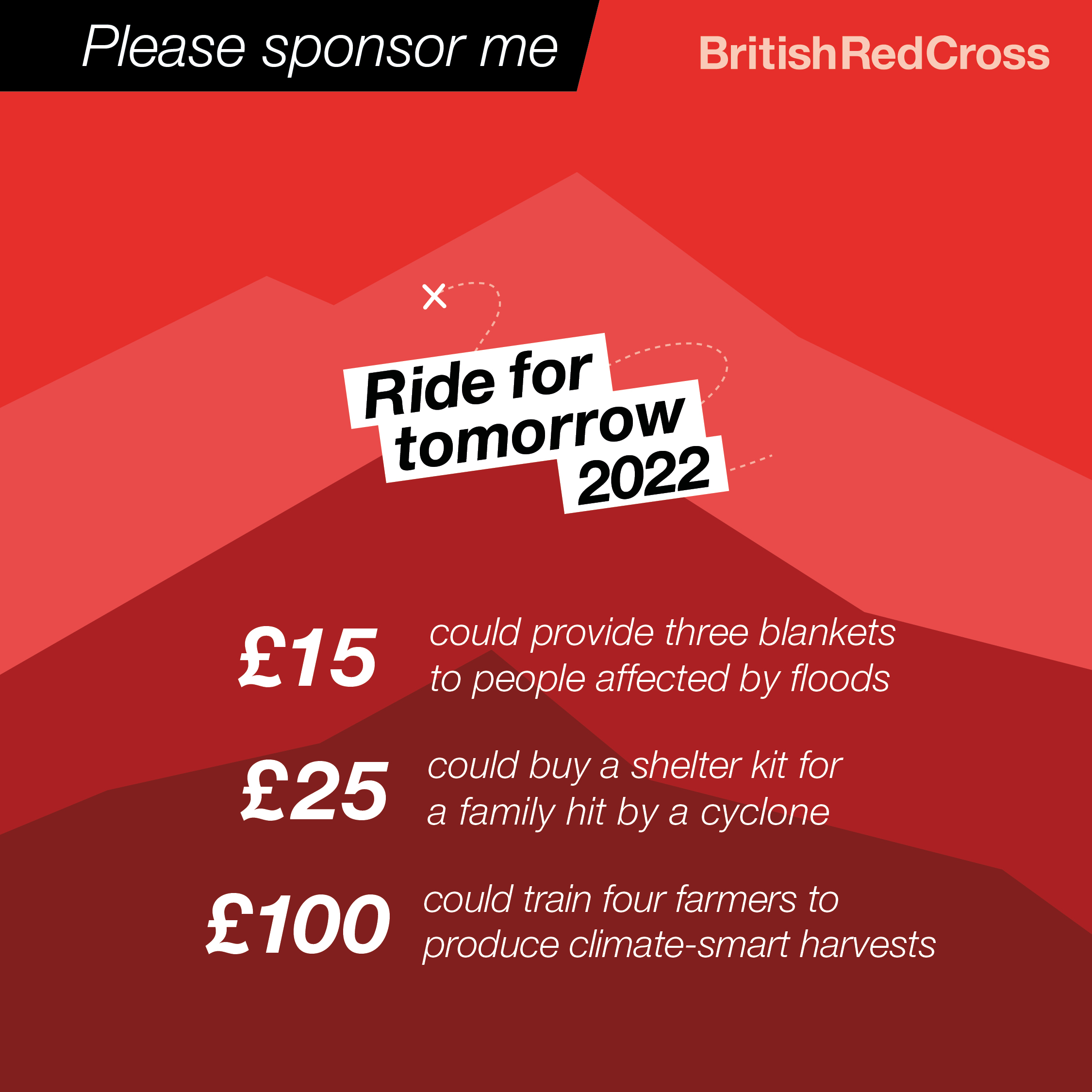 Please sponsor me text and a list of what can be bought for £15, £25 and £100 on a red background with 3 mountain outlines.