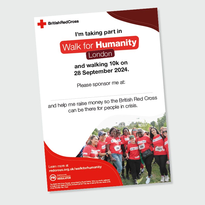 A4 poster requesting sponsorship for Walk for Humanity London