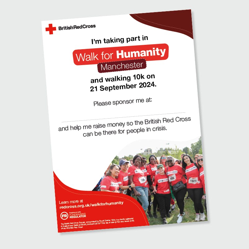 A4 poster requesting sponsorship for Walk for Humanity Manchester