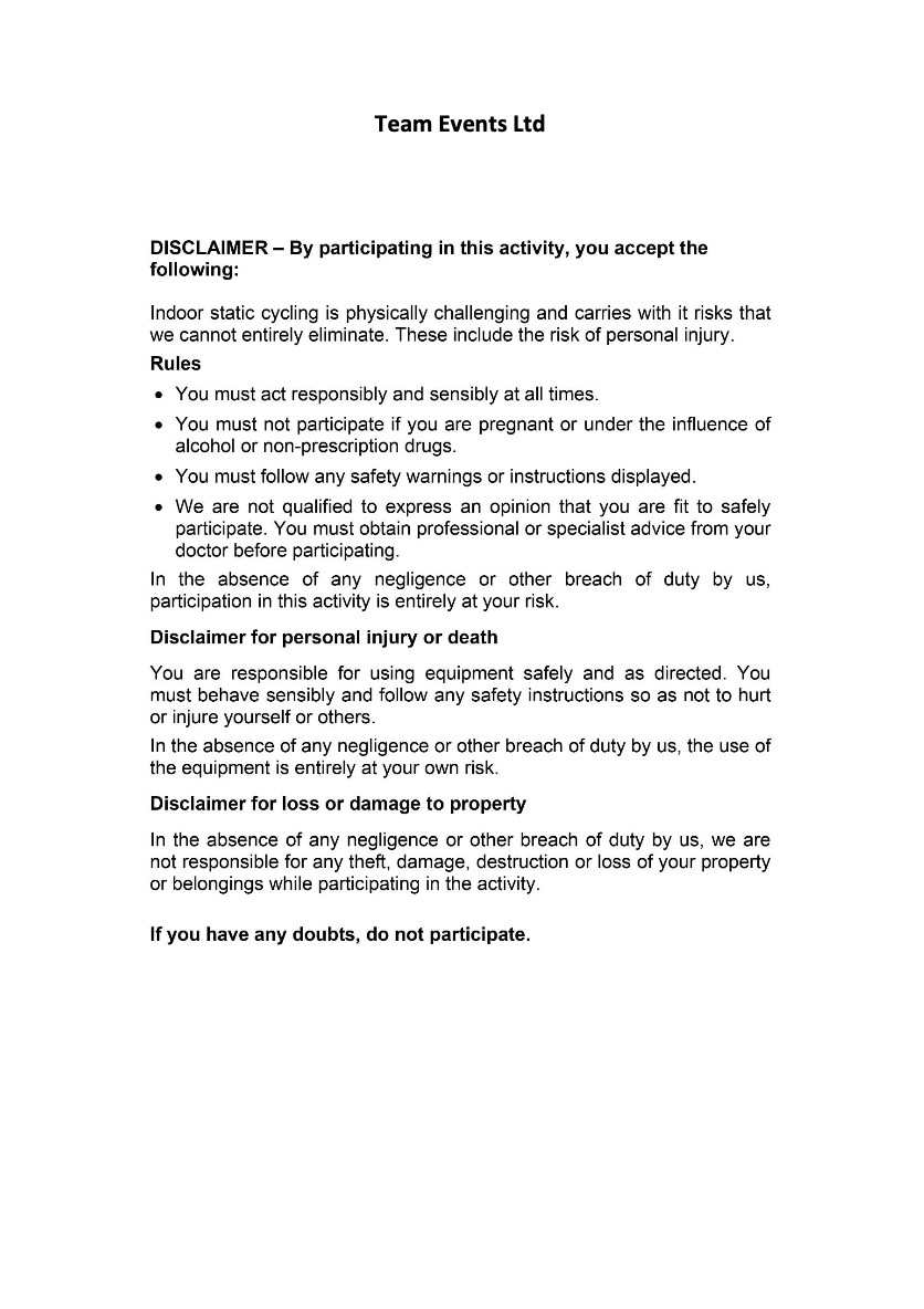 Team events disclaimer