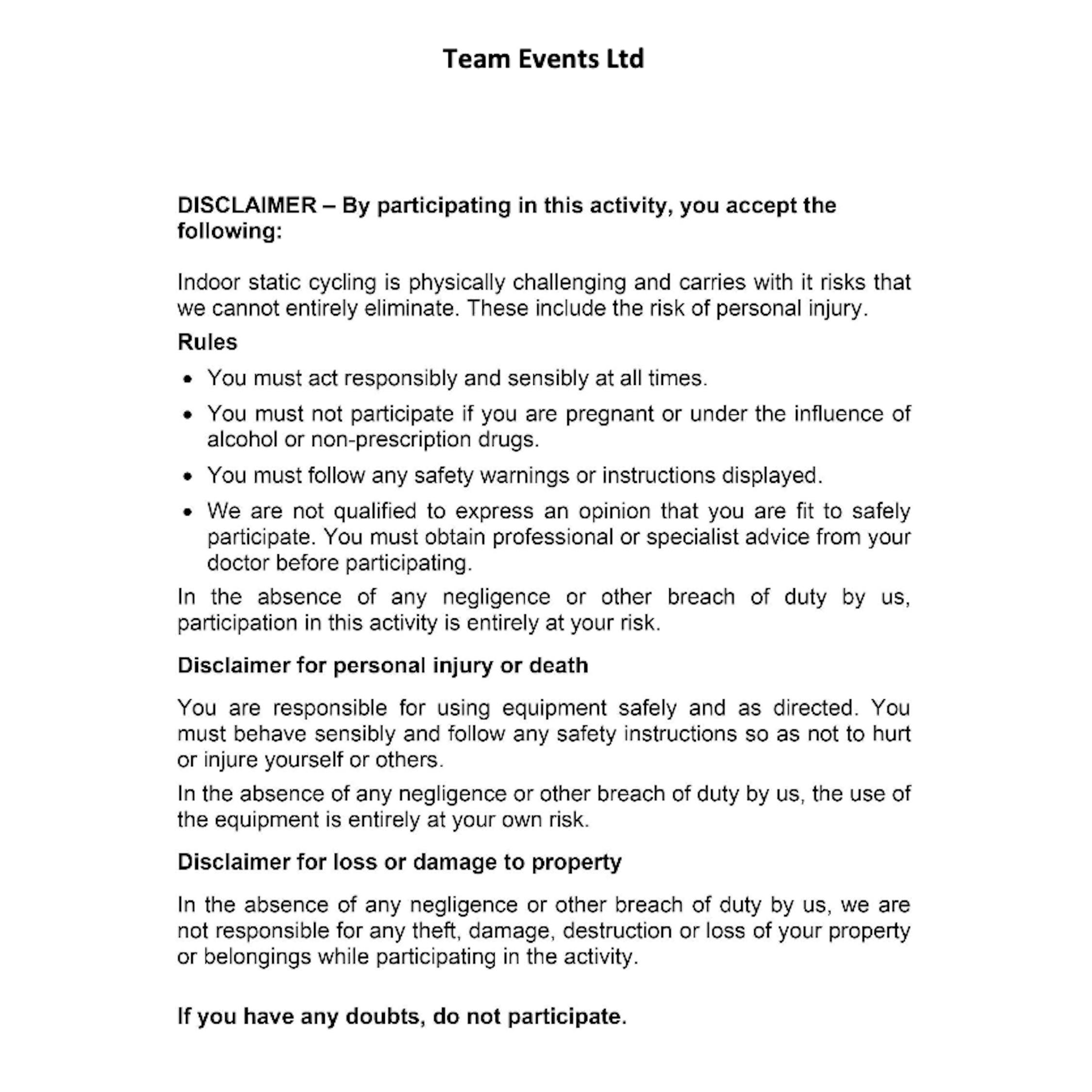 Team events disclaimer