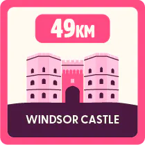 Illustration of Windsor Castle with a label reading ‘49 km’ above it, indicating distance.