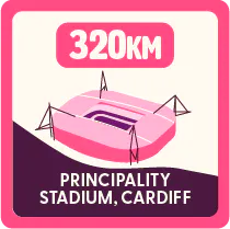 Illustration of the Principality Stadium in Cardiff with a label reading ‘320 km’ above it, indicating distance.