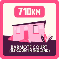 Illustration of Barmote Court with a label reading ‘710 km’ above it, indicating distance.