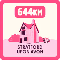 Illustration of Stratford Upon Avon with a label reading ‘644 km’ above it, indicating distance.