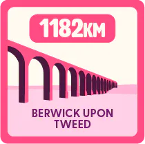 Illustration of Berwick upon Tweed with a label reading ‘1182 km’ above it, indicating distance.