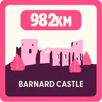 Illustration of Barnard Castle with a label reading ‘982 km’ above it, indicating distance.