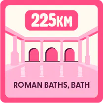 Illustration of the Roman Baths with a label reading ‘225 km’ above it, indicating distance.