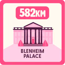 Illustration of Blenheim Palace with a label reading ‘582 km’ above it, indicating distance.