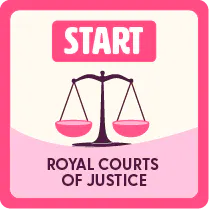 Illustration of scales with two labels reading ‘Start’ above it and ‘Royal Courts of Justice’ beneath, indicating the beginning of the virtual tour. 