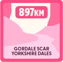 Illustration of Gordale Scar in the Yorkshire dales with a label reading ‘897 km’ above it, indicating distance.