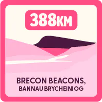 Illustration of Brecon Beacons including the Welsh translation, with a label reading ‘388 km’ above it, indicating distance.
