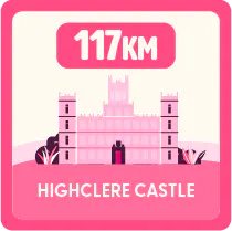 Illustration of Highclere Castle with a label reading ‘117 km’ above it, indicating distance.