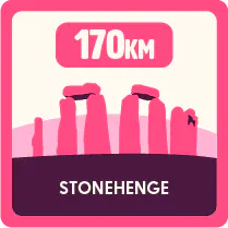 Illustration of Stonehenge with a label reading ‘170 km’ above it, indicating distance.