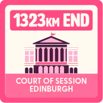 Illustration of the Court of Session in Edinburgh with a label reading ‘1323 km END’ above it, indicating distance and the final stop on the virtual tour.