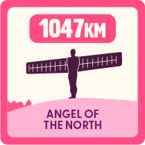 Illustration of the Angel of the North with a label reading ‘1047 km’ above it, indicating distance.