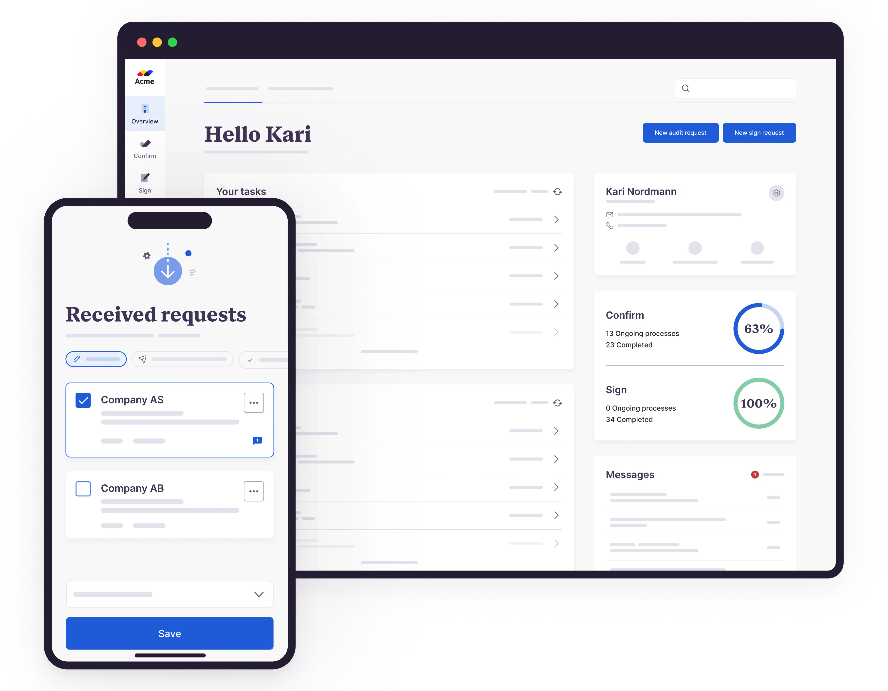 Image showing a browser on desktop and mobile, with personalized dashboard and received requests.
