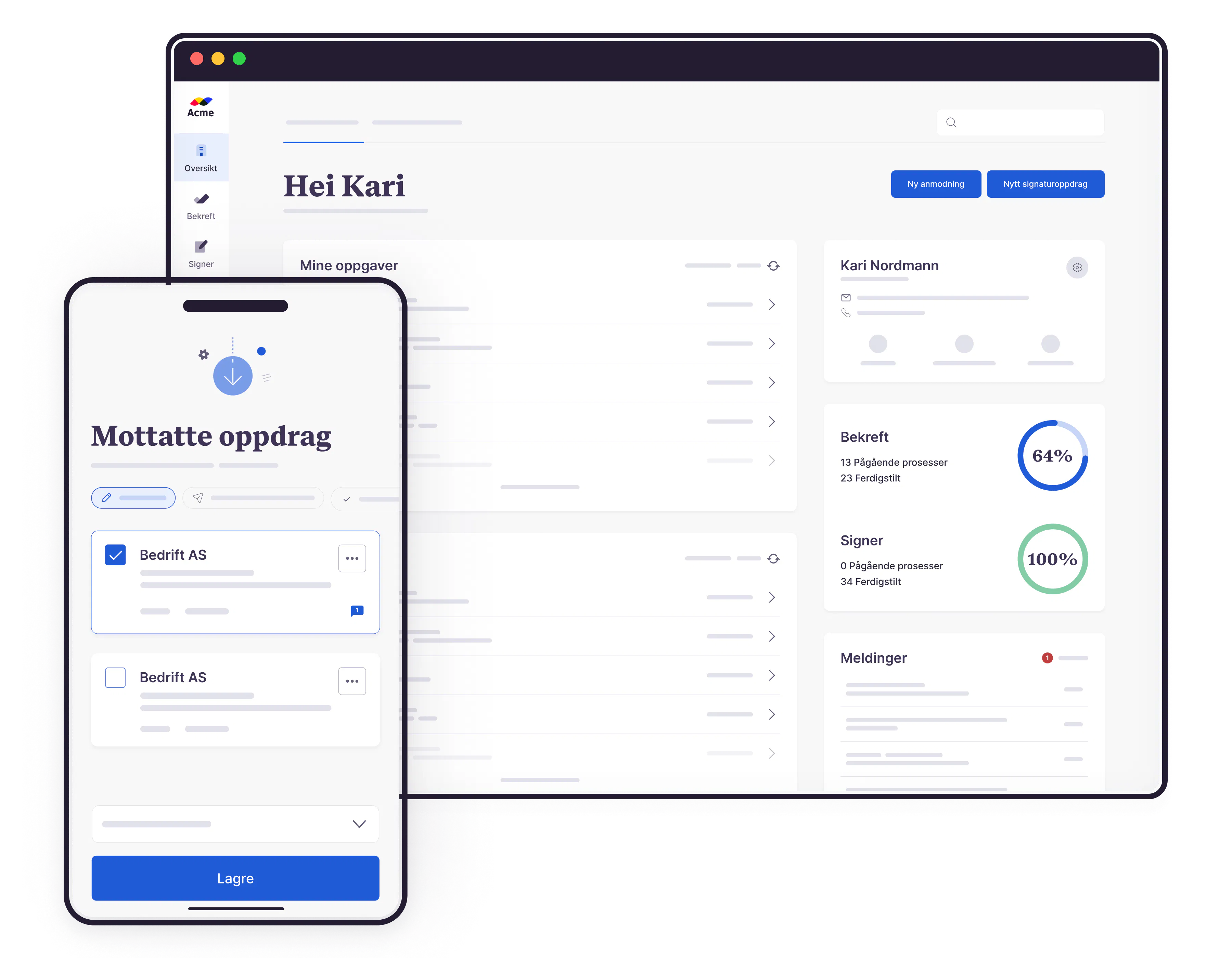 Bilde som viser en nettleser på skrivebord og mobil, med perosonalisert dashboard og mottatte oppdrag. 
