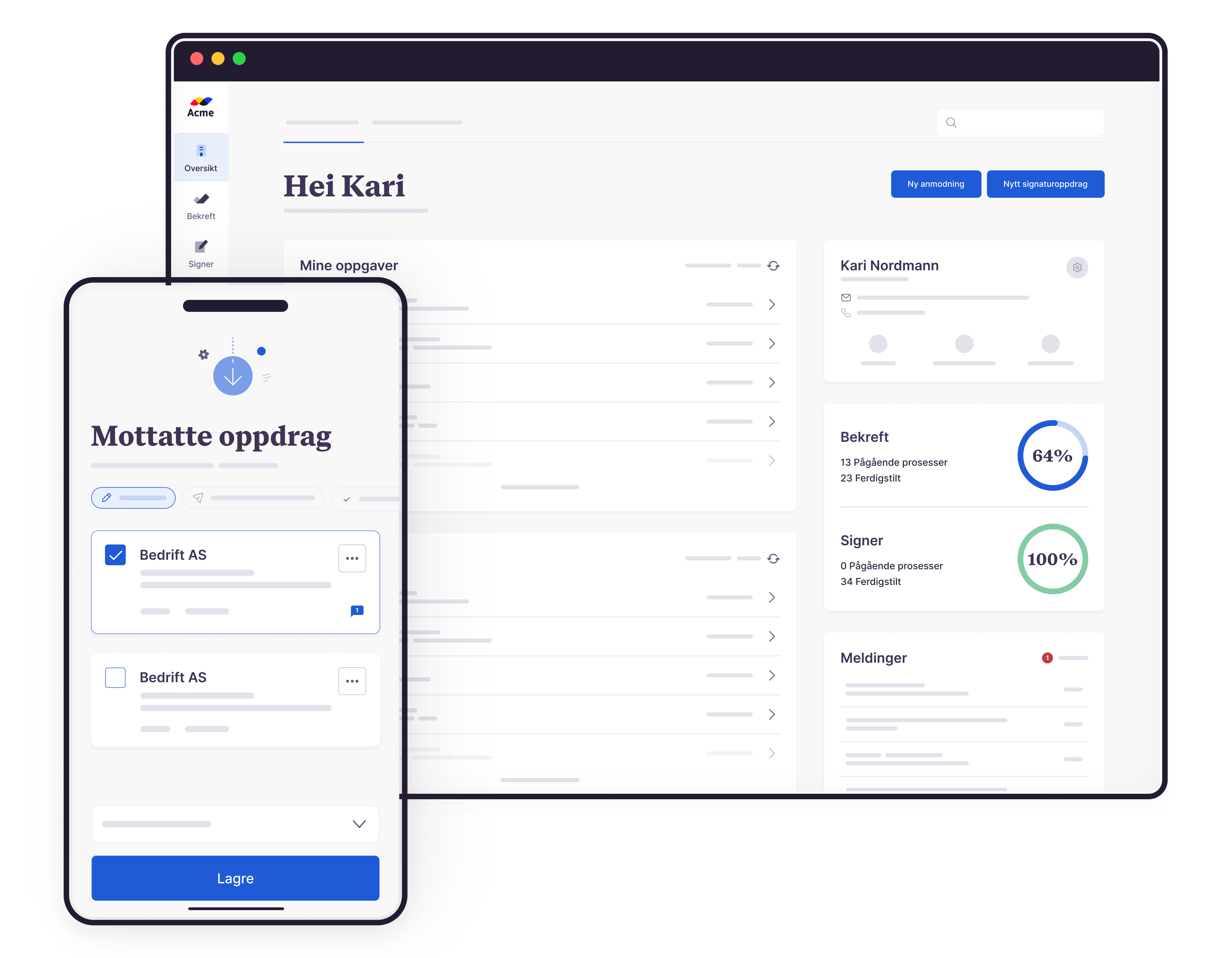 Bilde som viser en nettleser på skrivebord og mobil, med perosonalisert dashboard og mottatte oppdrag.