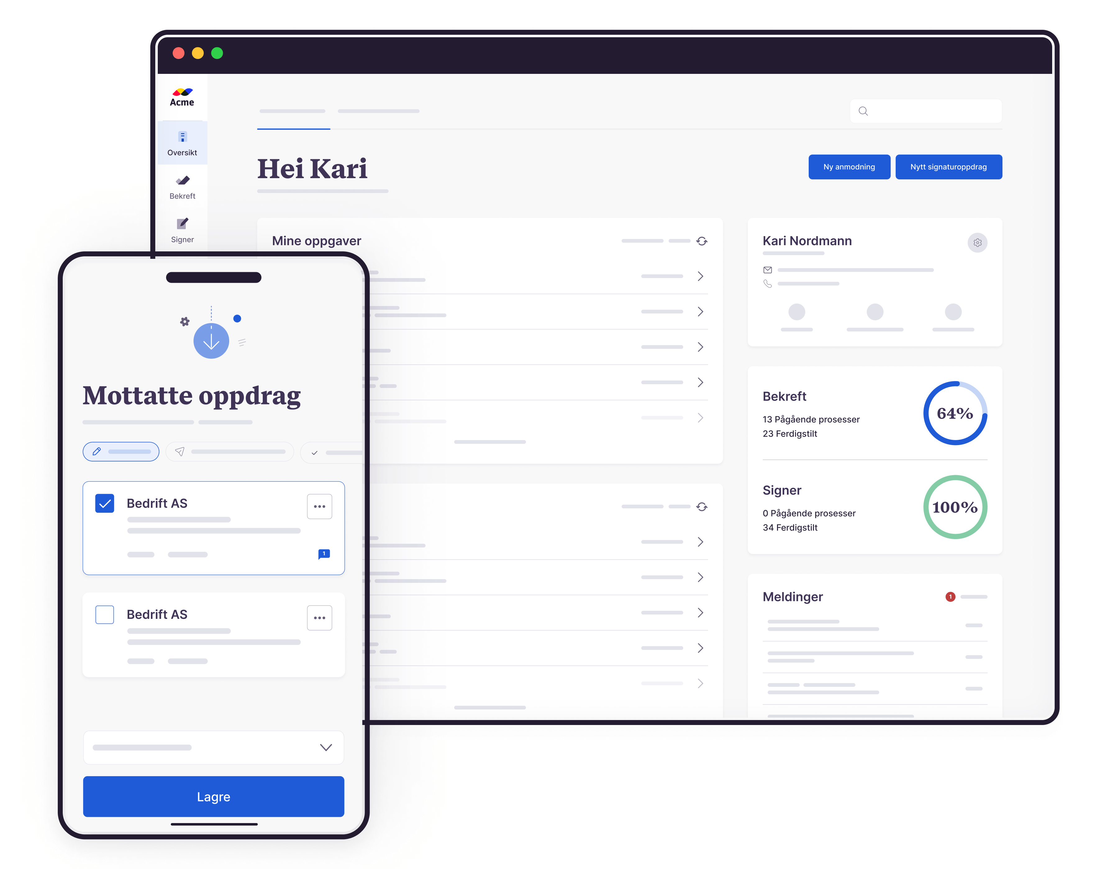 Bilde som viser en nettleser på skrivebord og mobil, med perosonalisert dashboard og mottatte oppdrag. 