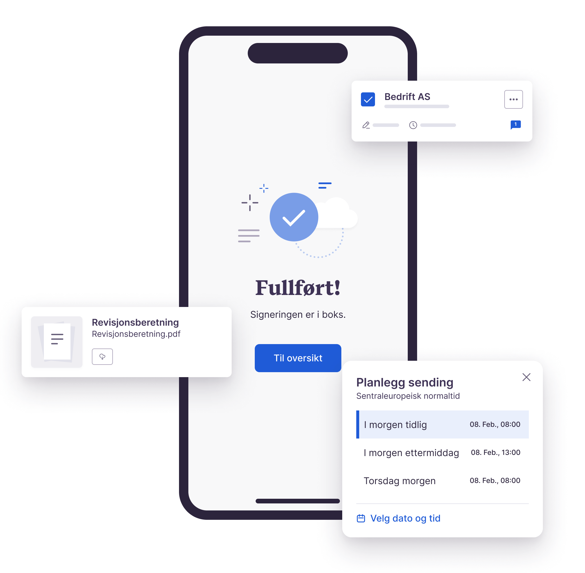 Bilde viser en mobil med en nettside med «Fullført»-status.