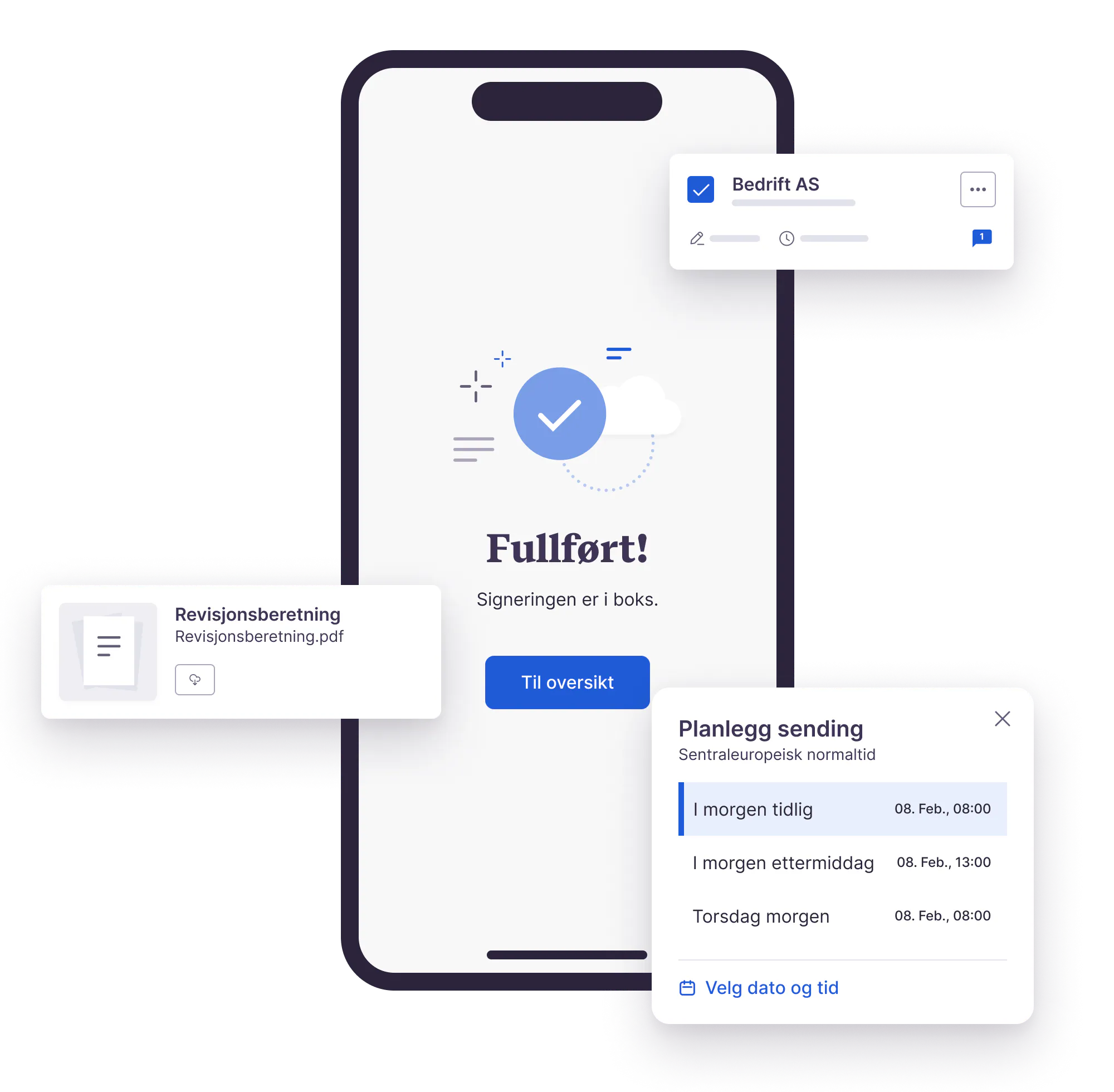 Bilde viser en mobil med en nettside med «Fullført»-status.