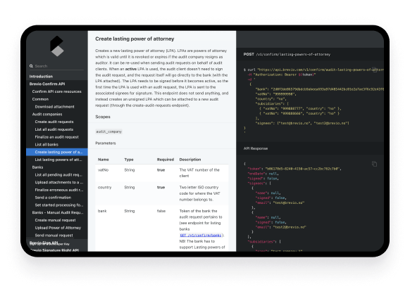 A tablet computer showing the Brevio API documentation