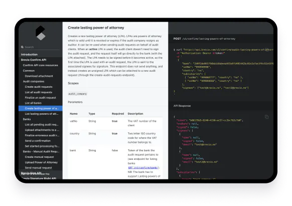 En nettbrett som viser dokumentasjonen for Brevio API