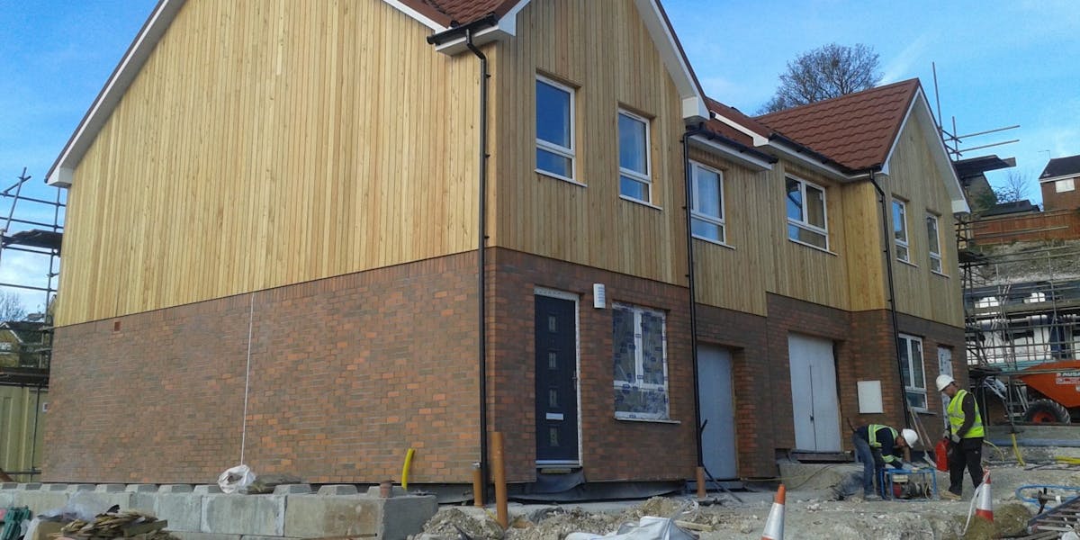 Houses in construction featuring brick slip cladding using the Candiwall system