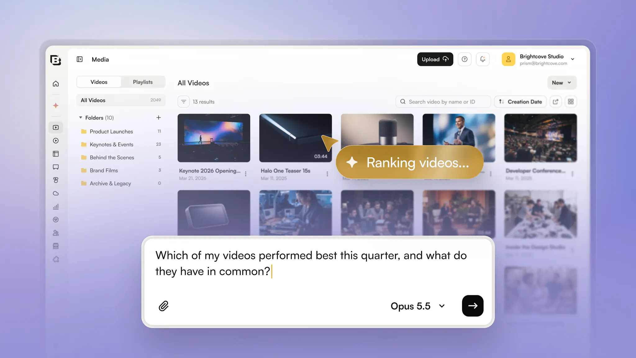 Agentic Hub ranking videos in the Brightcove media library to find this quarter's top performers