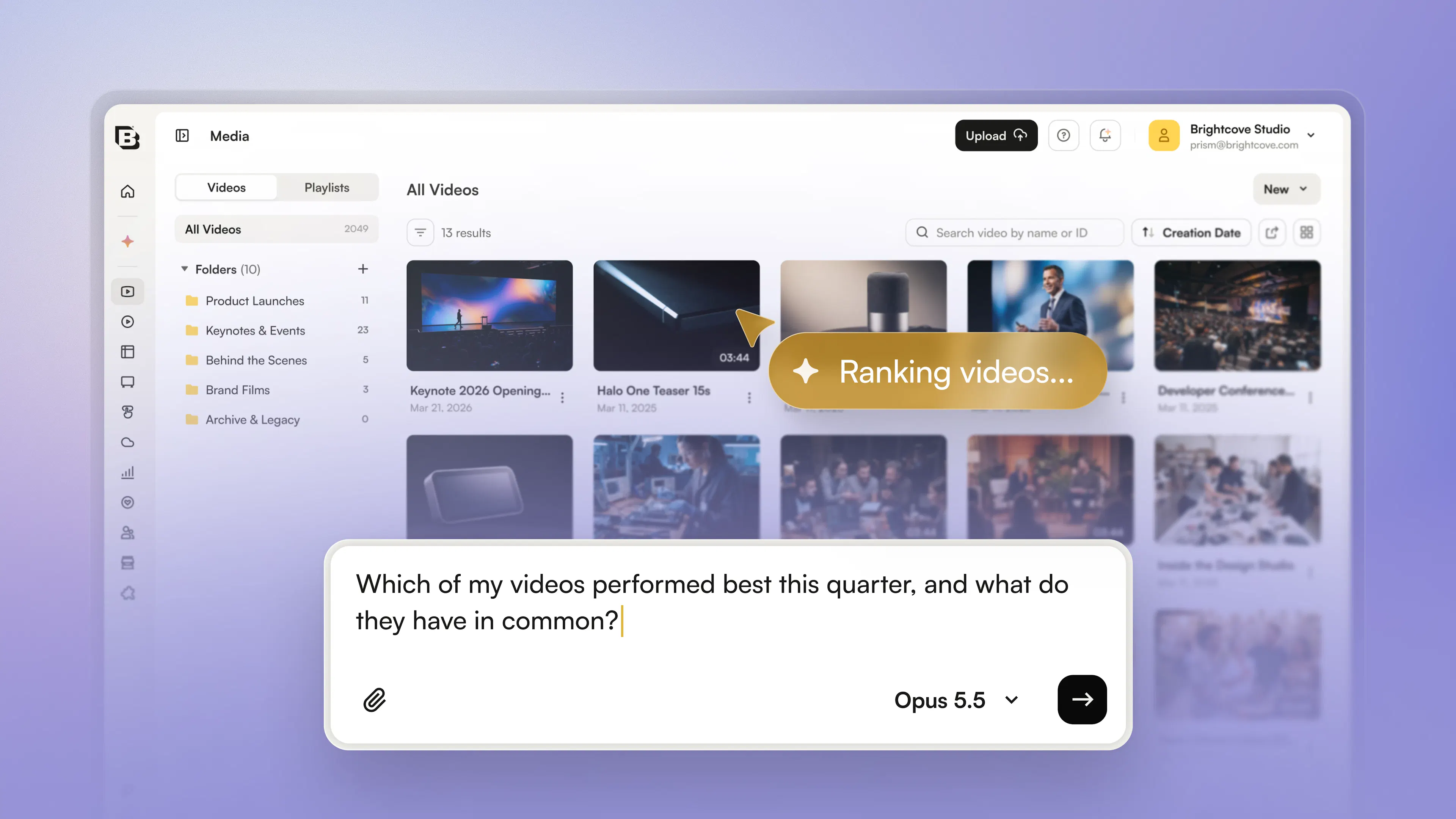 Agentic Hub ranking videos in the Brightcove media library to find this quarter's top performers
